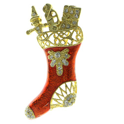 Mi Amore Christmas Stocking Brooch-Pin Gold-Tone/Red
