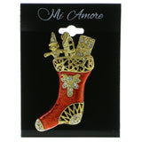 Mi Amore Christmas Stocking Brooch-Pin Gold-Tone/Red