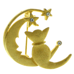 Mi Amore Cat Moon Stars Brooch-Pin Gold-Tone