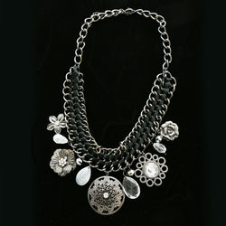 Luxury Crystal Flower Necklace Gunmetal & Black NWOT