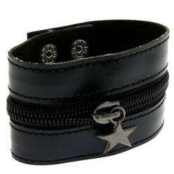 Mi Amore Adjustable-Length Synthetic-Leather Zipper Cuff-Bracelet Black & Silver-Tone