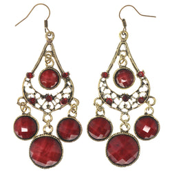 Red & Gold-Tone Colored Metal Dangle-Earrings With Stone Accents #5035