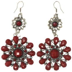 Flower Dangle-Earrings With Stone Accents Red & Silver-Tone Colored #5195