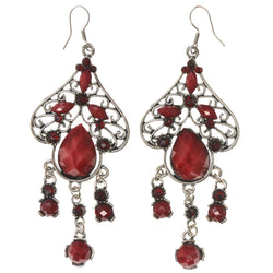 Red & Silver-Tone Colored Metal Dangle-Earrings With Stone Accents #5205