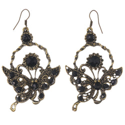 Butterfly Flower Dangle-Earrings With Bead Accents Gold-Tone & Black Colored #5202
