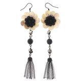 Flower Matte Finish Dangle-Earrings With tassel Accents Black & White Colored #5223
