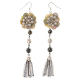 Flower Dangle-Earrings With tassel Accents Silver-Tone & White Colored #5154