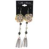 Flower Dangle-Earrings With tassel Accents Silver-Tone & White Colored #5154