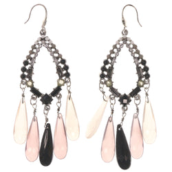 Silver-Tone & Black Colored Metal Dangle-Earrings With Bead Accents #5239