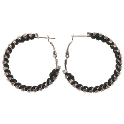 Silver-Tone & Black Colored Metal Hoop-Earrings With Crystal Accents #5109