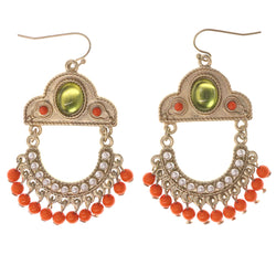Gold-Tone & Orange Colored Metal Dangle-Earrings With Bead Accents #5248