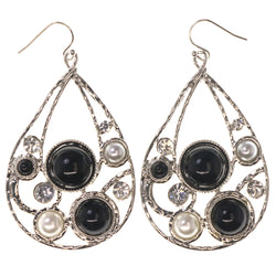 Silver-Tone & Black Colored Metal Dangle-Earrings With Bead Accents #5184