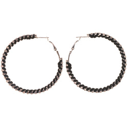 Silver-Tone & Black Colored Metal Hoop-Earrings With Crystal Accents #5104