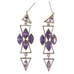 Purple & Silver-Tone Colored Metal Drop-Dangle-Earrings With Crystal Accents #4993
