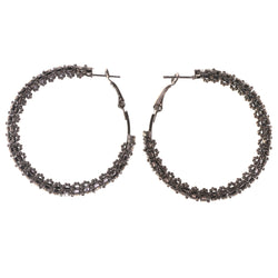 Silver-Tone & Black Colored Metal Hoop-Earrings With Crystal Accents #5071