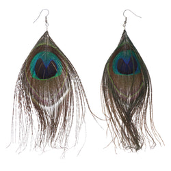 Peacock Feather Dangle-Earrings Green & Brown Colored #5130