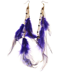 Feather Dangle-Earrings With Bead Accents Blue & Gold-Tone Colored #5131