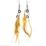 Feather Dangle-Earrings With Bead Accents Yellow & Silver-Tone Colored #4988