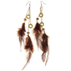 Feather Dangle-Earrings With Bead Accents Brown & Gold-Tone Colored #5009