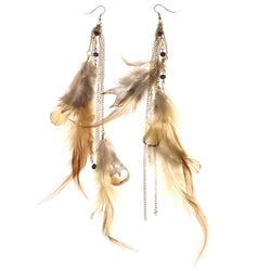 Feather Dangle-Earrings With Bead Accents Brown & Gold-Tone Colored #5115