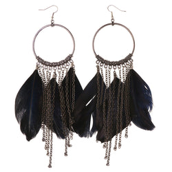 Feather Dangle-Earrings With tassel Accents Silver-Tone & Black Colored #4947