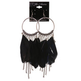 Feather Dangle-Earrings With tassel Accents Silver-Tone & Black Colored #4947