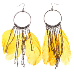 Feather Dangle-Earrings With tassel Accents Silver-Tone & Yellow Colored #4779