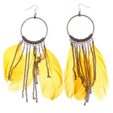 Feather Dangle-Earrings With tassel Accents Silver-Tone & Yellow Colored #4779