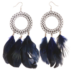 Feather Dangle-Earrings Silver-Tone & Blue Colored #4944