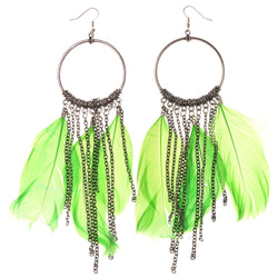 Feather Dangle-Earrings With tassel Accents Silver-Tone & Green Colored #4954