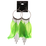 Feather Dangle-Earrings With tassel Accents Silver-Tone & Green Colored #4954