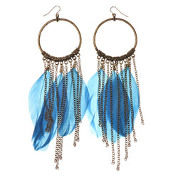 Feather Dangle-Earrings With tassel Accents Gold-Tone & Blue Colored #5033