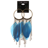 Feather Dangle-Earrings With tassel Accents Gold-Tone & Blue Colored #5033