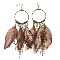 Feather Dangle-Earrings With tassel Accents Gold-Tone & Brown Colored #5028