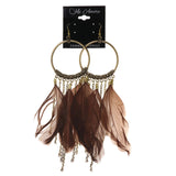 Feather Dangle-Earrings With tassel Accents Gold-Tone & Brown Colored #5028