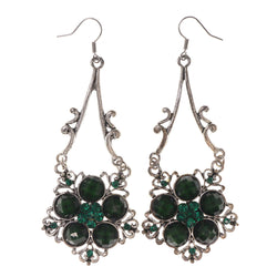 Flower Dangle-Earrings With Stone Accents Green & Silver-Tone Colored #4974