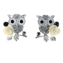 Owl Rose Stud-Earrings With Crystal Accents Silver-Tone & Black Colored #5882