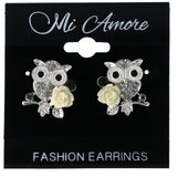Owl Rose Stud-Earrings With Crystal Accents Silver-Tone & Black Colored #5882