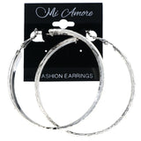 Flower Textured Hoop-Earrings Silver-Tone Color  #5880