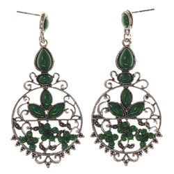 Green & Silver-Tone Colored Metal Drop-Dangle-Earrings With Bead Accents #4955