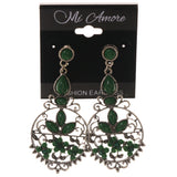 Green & Silver-Tone Colored Metal Drop-Dangle-Earrings With Bead Accents #4955