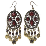 Flower Dangle-Earrings With Stone Accents Gold-Tone & Red Colored #5016