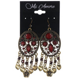 Flower Dangle-Earrings With Stone Accents Gold-Tone & Red Colored #5016