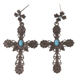 Cross Flower Drop-Dangle-Earrings With Bead Accents Silver-Tone & Blue Colored #4963