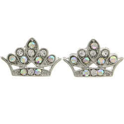 Mi Amore Crown with AB Finish Crystal Accent Stud-Earrings Silver-Tone