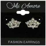 Mi Amore Crown with AB Finish Crystal Accent Stud-Earrings Silver-Tone