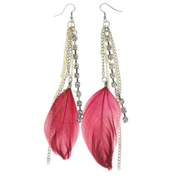 Feather Dangle-Earrings With Crystal Accents Red & Silver-Tone Colored #4950