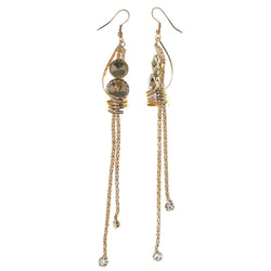 Gold-Tone & Brown Colored Metal Dangle-Earrings With Crystal Accents #4943