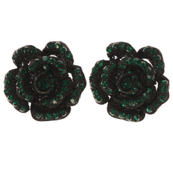 Flower Stud-Earrings With Crystal Accents Green & Black Colored #4973