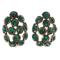 Green & Gold-Tone Colored Metal Stud-Earrings With Crystal Accents #5075